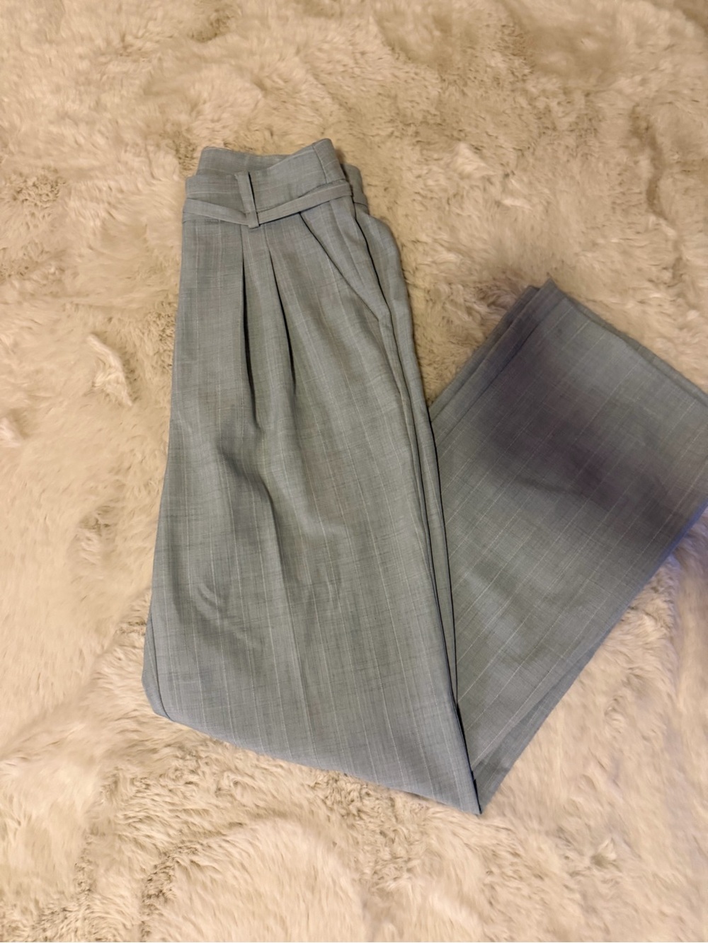 High-Rise Light Blue Plaid Pleated Trousers